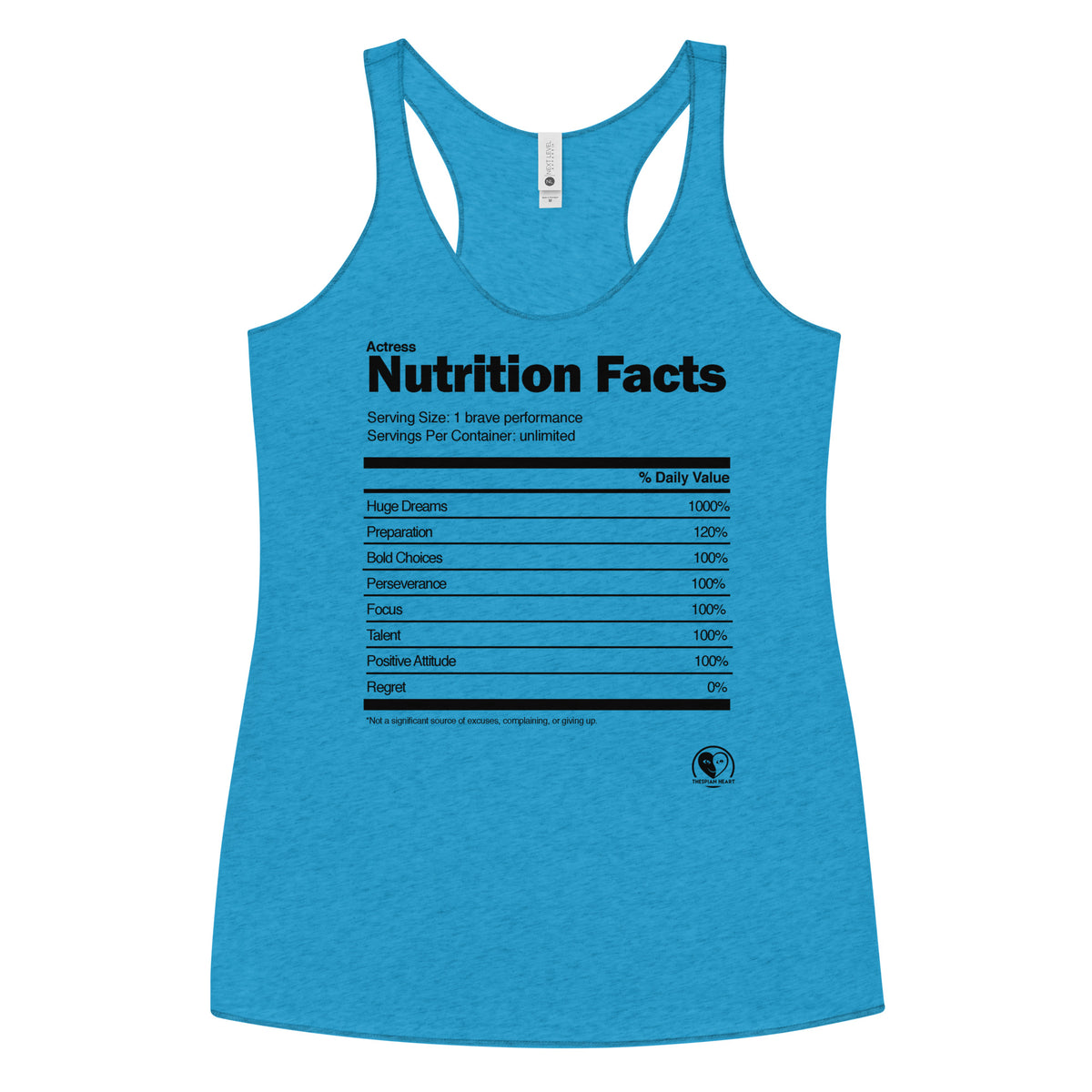 A bright heather blue racerback tank top featuring a black printed graphic styled like the 'Nutrition Facts' label on the front, displayed on a clean white background.