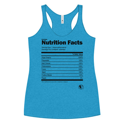 A bright heather blue racerback tank top featuring a black printed graphic styled like the 'Nutrition Facts' label on the front, displayed on a clean white background.